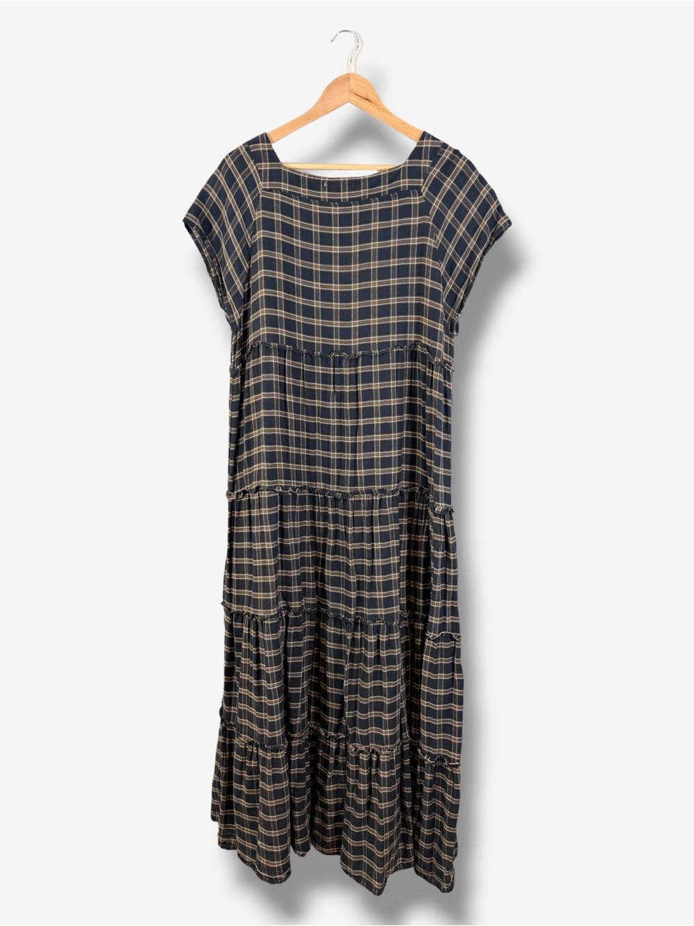 Natural Life Plaid Berkley Maxi Dress Size L Blue Tan Square Neck Tiered Casual - Picture 7 of 7